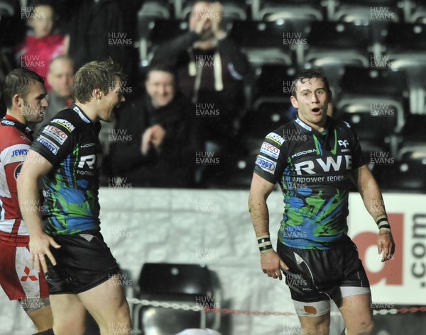 091112 - Ospreys v Gloucester Rugby  -  LV= Cup 2012/2013 -  Ospreys' Tom Grabham celebrates scoring    