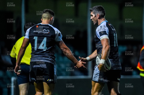 300819 - Ospreys v Hartpury, Pre-season Friendly -  (L-R) Dewi Cross shakes hand with James Hook after scoring a second half try