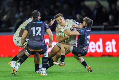 180426 - Ospreys v Hollywoodbets Sharks - United Rugby Championship - Jean Smith of Hollywoodbets Sharks is tackled by  Dan Edwards of Ospreys