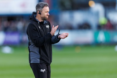 180426 - Ospreys v Hollywoodbets Sharks - United Rugby Championship - Ospreys head coach Mark Jones during the warm up