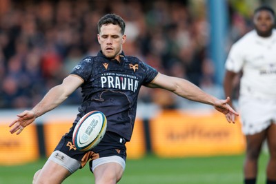 180426 - Ospreys v Hollywoodbets Sharks - United Rugby Championship - Kieran Hardy of Ospreys kicks