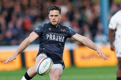 180426 - Ospreys v Hollywoodbets Sharks - United Rugby Championship - Kieran Hardy of Ospreys kicks