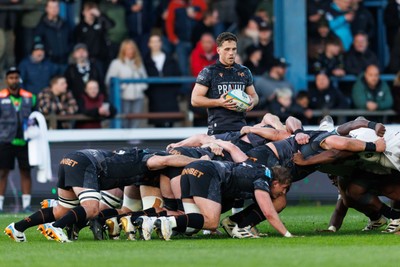 180426 - Ospreys v Hollywoodbets Sharks - United Rugby Championship - Kieran Hardy of Ospreys prepares to put the ball into scrum