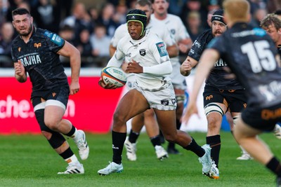 180426 - Ospreys v Hollywoodbets Sharks - United Rugby Championship - Zekhethelo Siyaya of Sharks makes a break