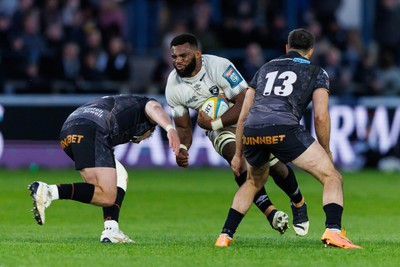 180426 - Ospreys v Hollywoodbets Sharks - United Rugby Championship - Vincent Tshituka of Sharks is tackled by Jac Morgan of Ospreys