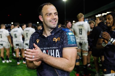 180426 - Ospreys v Hollywoodbets Sharks - United Rugby Championship - Evardi Boshoff of Ospreys celebrates at the end of the match
