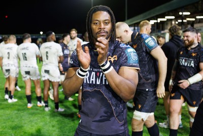 180426 - Ospreys v Hollywoodbets Sharks - United Rugby Championship - Dan Kasende of Ospreys celebrates at the end of the match