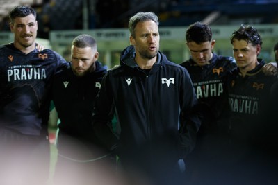 180426 - Ospreys v Hollywoodbets Sharks - United Rugby Championship - Ospreys head coach Mark Jones at the end of the match