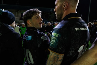 180426 - Ospreys v Hollywoodbets Sharks - United Rugby Championship - Dan Edwards and Ross Moriarity of Ospreys at the end of the match