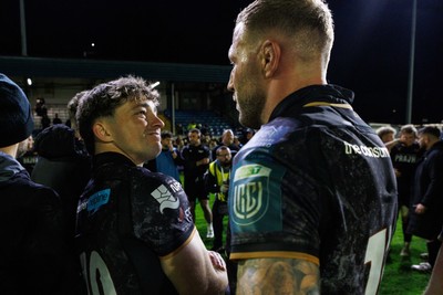 180426 - Ospreys v Hollywoodbets Sharks - United Rugby Championship - Dan Edwards and Ross Moriarity of Ospreys at the end of the match