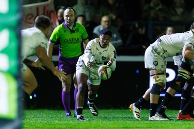180426 - Ospreys v Hollywoodbets Sharks - United Rugby Championship - Bradley Davids of Sharks passes the ball