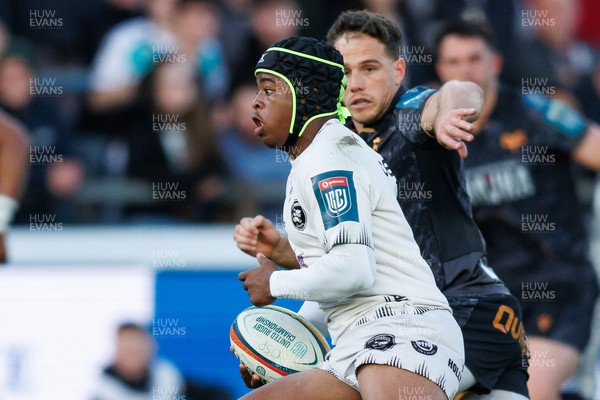 180426 - Ospreys v Hollywoodbets Sharks - United Rugby Championship - Zekhethelo Siyaya of Sharks makes a break