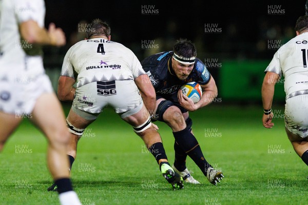 180426 - Ospreys v Hollywoodbets Sharks - United Rugby Championship - Ryan Smith of Ospreys takes on Jason Jenkins of Sharks