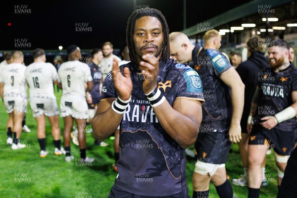 180426 - Ospreys v Hollywoodbets Sharks - United Rugby Championship - Dan Kasende of Ospreys celebrates at the end of the match