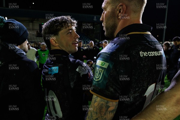180426 - Ospreys v Hollywoodbets Sharks - United Rugby Championship - Dan Edwards and Ross Moriarity of Ospreys at the end of the match