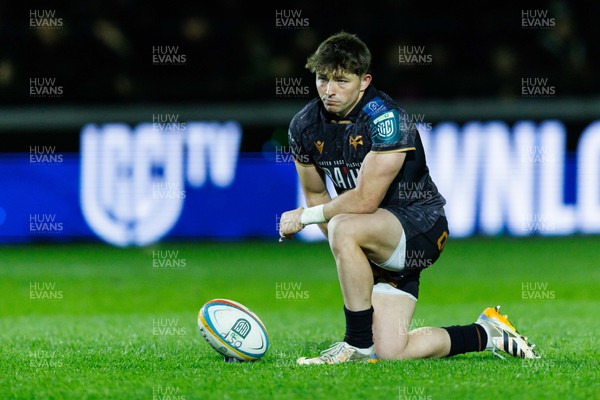180426 - Ospreys v Hollywoodbets Sharks - United Rugby Championship - Dan Edwards of Ospreys prepares to kick a conversion