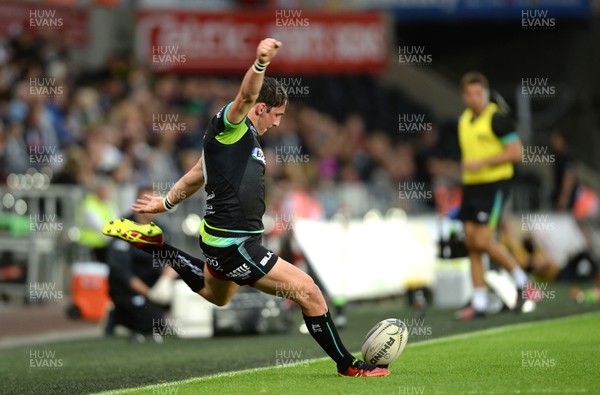 120816 - Ospreys v Leicester - Preseason Friendly -Sam Davies of Ospreys kicks at goal