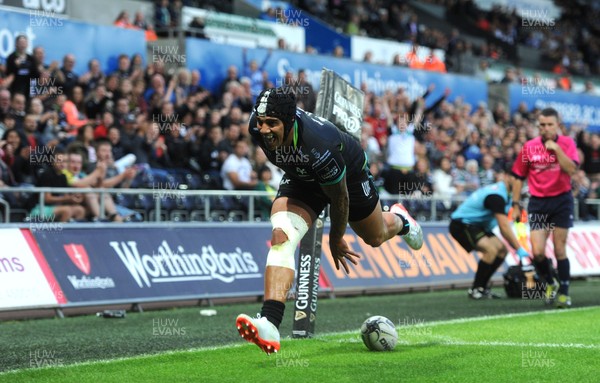 120816 - Ospreys v Leicester - Preseason Friendly -Josh Matavesi of Ospreys scores try