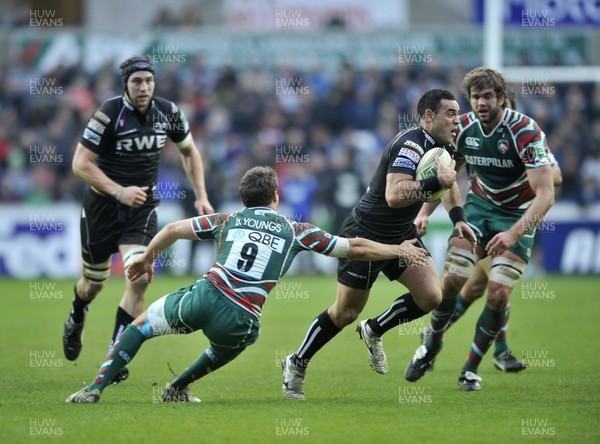 130113 - Ospreys v Leicester - Heineken Cup -    Ospreys'  Kahn Fotuali'i, right, is tackled by Leicester's Ben Youngs  