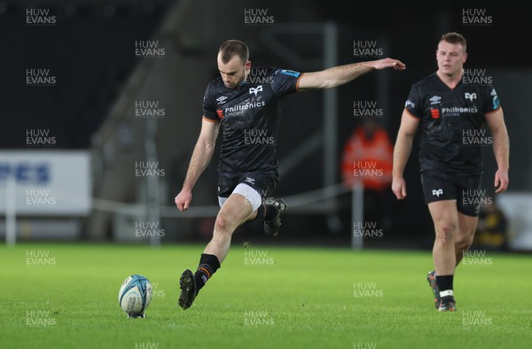 070123 - Ospreys v Leinster,  BKT United Rugby Championship - Cai Evans of Ospreys kicks a penalty