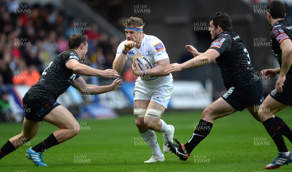 110414 - Ospreys v Leinster - RaboDirect PRO12 -Jamie Heaslip of Leinster is tackled by Ashley Beck and Aaron Jarvis of Ospreys