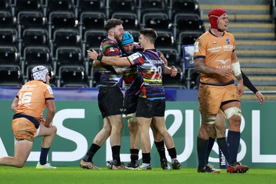 140123 - Ospreys v Montpellier - European Rugby Champions Cup - Alex Cuthbert of Ospreys celebrates scoring a try with team mates