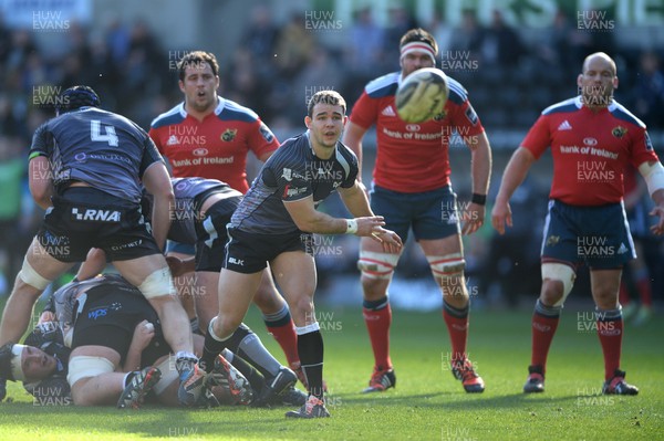 070315 - Ospreys v Munster - Guinness PRO12 -Tom Habberfield of Ospreys gets the ball away