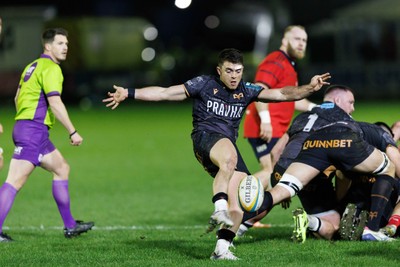 201225 - Ospreys v Munster - United Rugby Championship - Reuben Morgan-Williams of Ospreys kicks the ball