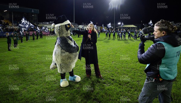 201225 - Ospreys v Munster, United Rugby Championship - TV broadcast presenter Catrin Heledd with Ozzy