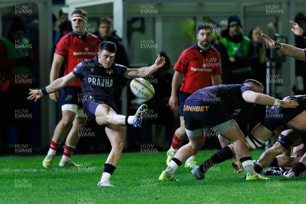 201225 - Ospreys v Munster - United Rugby Championship - Reuben Morgan-Williams of Ospreys kicks the ball