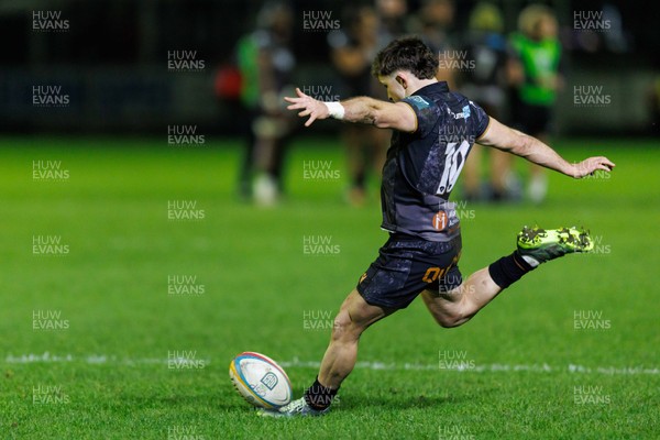 201225 - Ospreys v Munster - United Rugby Championship - Dan Edwards of Ospreys kicks at goal