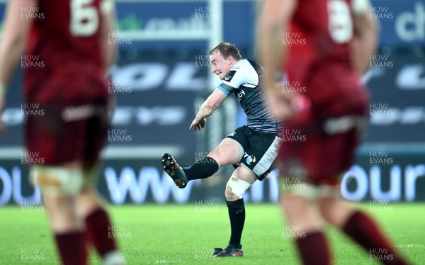220219 - Ospreys v Munster - Guinness PRO14 - Luke Price of Ospreys kicks at goal