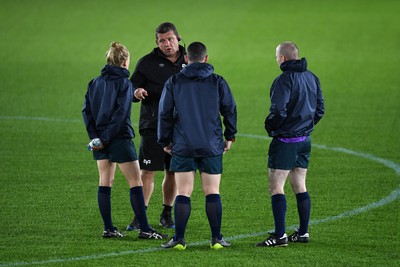 231021 - Ospreys v Munster - United Rugby Championship - Ospreys head coach Toby Booth talks to Referee Hollie Davidson