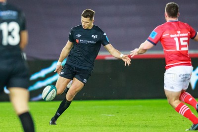 231021 - Ospreys v Munster - United Rugby Championship - Max Nagy of Ospreys kicks the ball