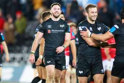 231021 - Ospreys v Munster - United Rugby Championship - Alex Cuthbert of Ospreys looks happy after the final whistle