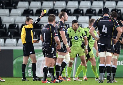 180115 - Ospreys v Northampton Saints - European Rugby Champions Cup -George Pisi (right) of Northampton is shown a yellow card by Referee Jerome Garces