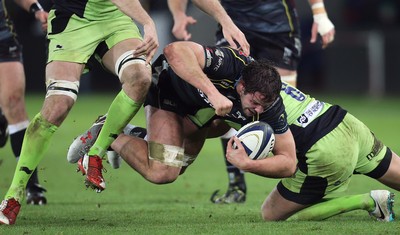 180115 - Ospreys v Northampton Saints, 2014-15 European Rugby Champions Cup - Ospreys Tyler Ardron is tackled by Northampton's Tom Wood and Christian Day