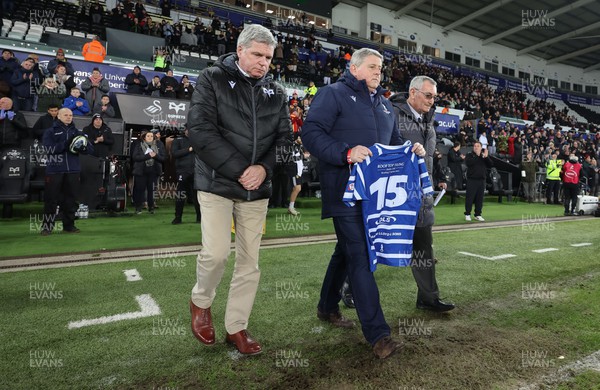120124 - Ospreys v Perpignan, European Challenge Cup - A Bridgend RFC no15 shirt is placed on the pitch as a tribute is paid to rugby legend JPR Williams who died recently
