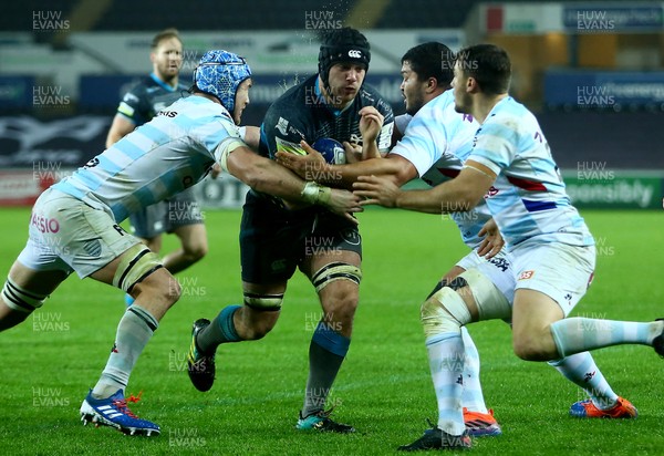 061219 - Ospreys v Racing 92 - European Rugby Champions Cup - Morgan Morris of Ospreys is tackled by Bernard Le Roux(L) Ali Oz and Olivier Klemenczak of Racing92