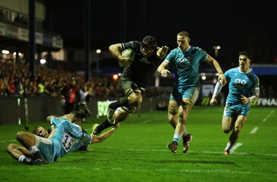 060424 - Ospreys v Sale Sharks - European Rugby Challenge Cup - Morgan Morris of Ospreys dives over the line to score a try