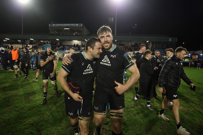 060424 - Ospreys v Sale Sharks - European Rugby Challenge Cup - Morgan Morris and James Ratti of Ospreys at full time