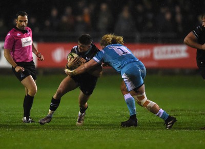 200518 - Ospreys V Sale Sharks - European Rugby Challenge Cup - Reuben Morgan-Williams of Ospreys is tackled by Ross Harrison of Sale