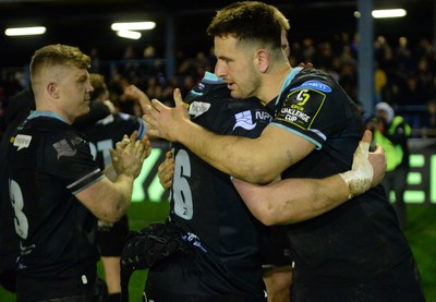 060424 - Ospreys V Sale Sharks - European Rugby Challenge Cup - Lewis Lloyd and Owen Watkin of Ospreys celebrate at full time