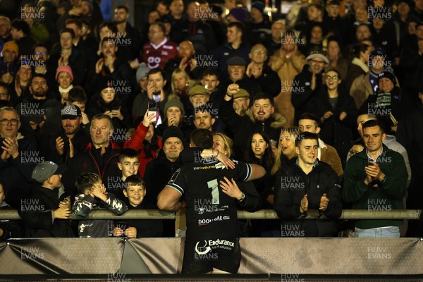 060424 - Ospreys v Sale Sharks - European Rugby Challenge Cup - Gareth Thomas of Ospreys celebrates with fans at full time