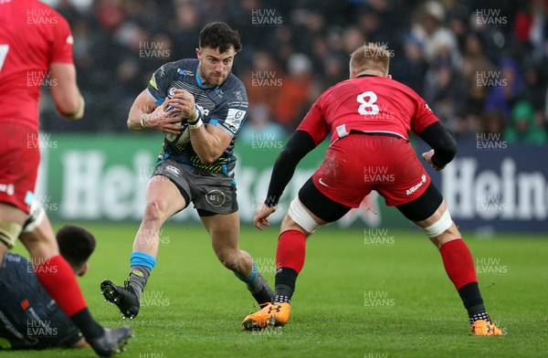 110120 - Ospreys v Saracens - European Rugby Champions Cup - Luke Morgan of Ospreys is tackled by Jackson Wray of Saracens