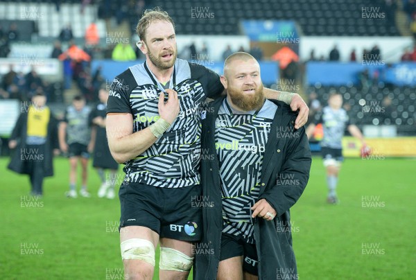 130118 - Ospreys v Saracens - European Rugby Champions Cup - Alun Wyn Jones and Dmitri Arhip of Ospreys at the end of the game