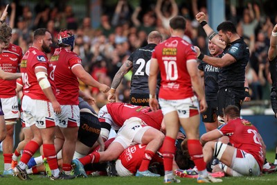 090526 - Ospreys v Scarlets - United Rugby Championship - Jac Morgan of Ospreys celebrates scoring a try with team mates