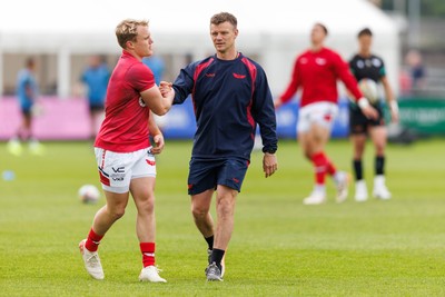 090526 - Ospreys v Scarlets - United Rugby Championship - Scarlets head coach Dwayne Peel with Blair Murray of Scarlets during the warm up