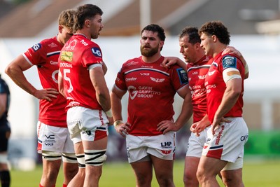 090526 - Ospreys v Scarlets - United Rugby Championship - Max Douglas, Taine Plumtree, Kemsley Mathias, Ryan Elias and Fletcher Anderson of Scarlets