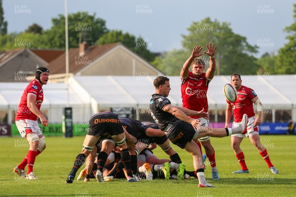 090526 - Ospreys v Scarlets - United Rugby Championship - Kieran Hardy of Ospreys kicks the ball under pressure from Taine Plumtree of Scarlets
